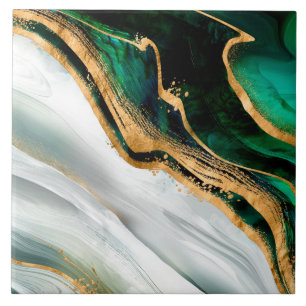 Malachite green watercolor and gold ceramic tile