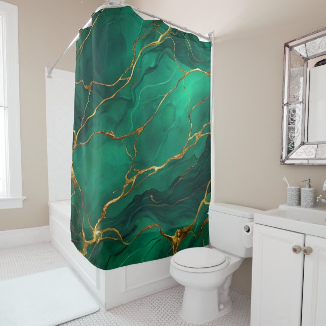 Malachite Marble Pattern with Gold Veins Shower Curtain (In Situ)