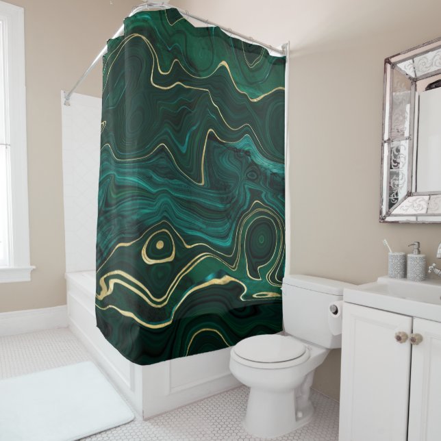 "Malachite Texture with Gold Strata" Shower Curtain (In Situ)