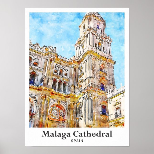 Malaga Cathedral Spain Travel Watercolor Poster (Front)