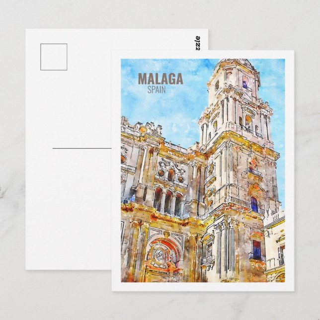 Malaga Spain Famous Travel Watercolor Sketch Postcard (Front/Back)