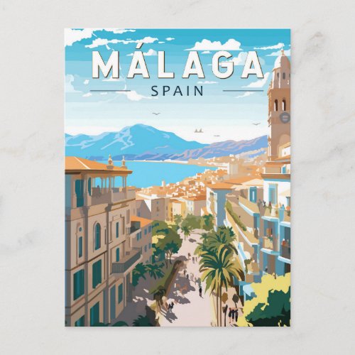 Malaga Spain Travel Art Vintage Postcard