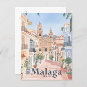 Malaga Spain Watercolor Painting Travel Postcard