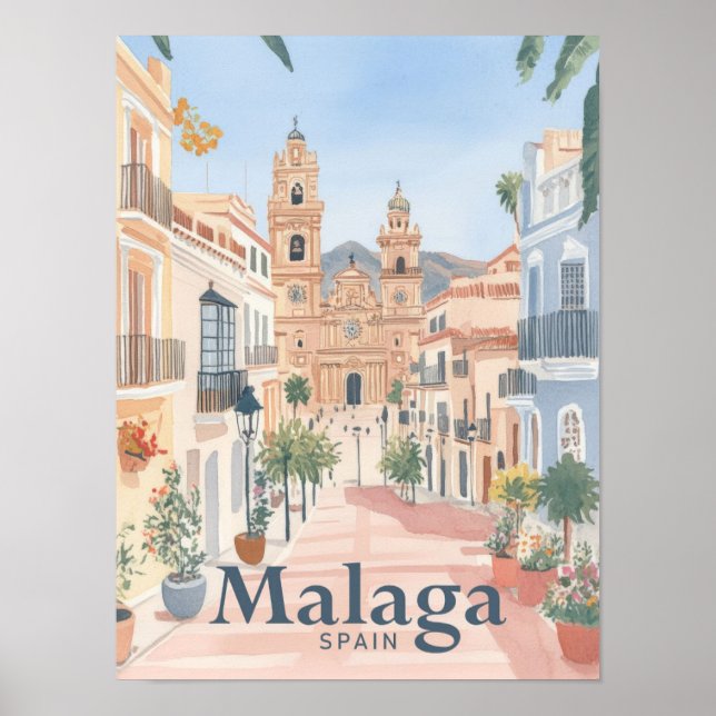 Malaga Spain Watercolor Painting Travel Poster (Front)