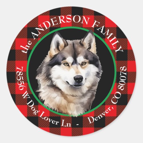 Malamute Dog Buffalo Plaid Return Address Classic Round Sticker