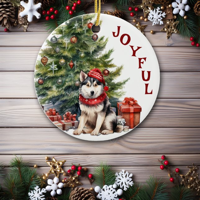 Malamute Dog in Scarf and Hat Christmas Ceramic Ornament (Creator Uploaded)