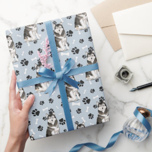Malamute Dog Paw Print Pattern on Silver Blue Wrapping Paper