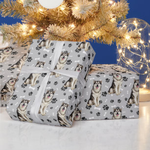 Malamute Dog Paw Print Pattern on Silver Gray Wrapping Paper