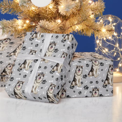 Malamute Dog Paw Print Pattern on Silver Gray Wrapping Paper