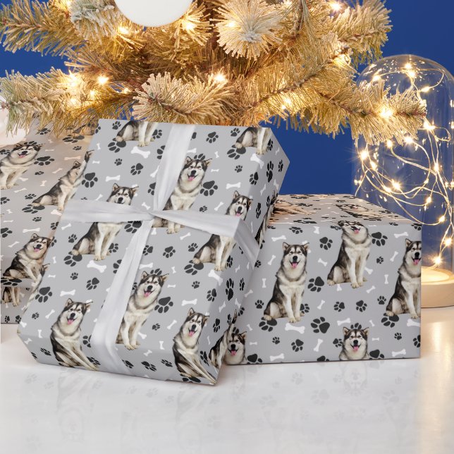 Malamute Dog Paw Print Pattern on Silver Gray Wrapping Paper (Holidays)