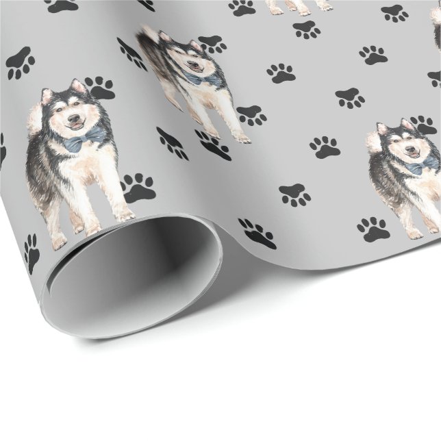 Malamute Dog Paw Print Pattern on Silver Wrapping Paper (Roll Corner)