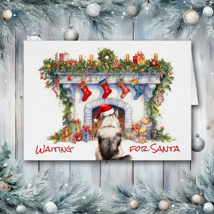 Malamute Dog Wait for Santa Christmas Fireplace Cards