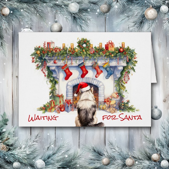 Malamute Dog Wait for Santa Christmas Fireplace Cards (Creator Uploaded)
