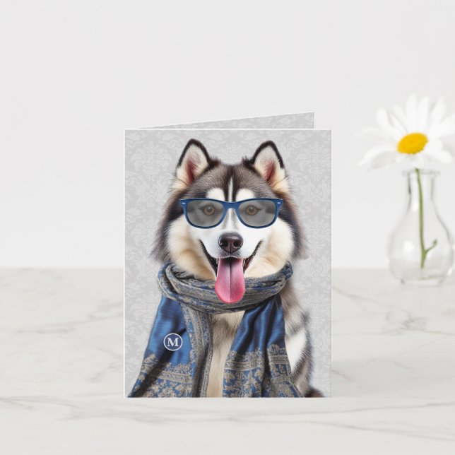 Malamute Dog with Blue Gray Pattern Monogrammed Card (Small Plant)