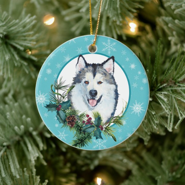Malamute Evergreen Blue Snowflake Border Ceramic Ornament (Tree)