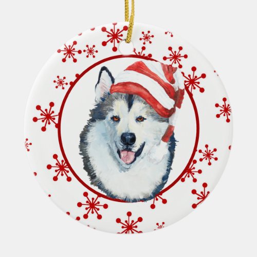 Malamute Santa Hat Snowflake Ceramic Ornament