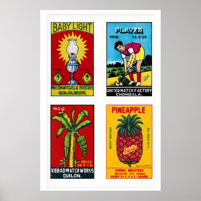 Malayalam Matchbox Labels Grid Print, Vintage Poster (Front)
