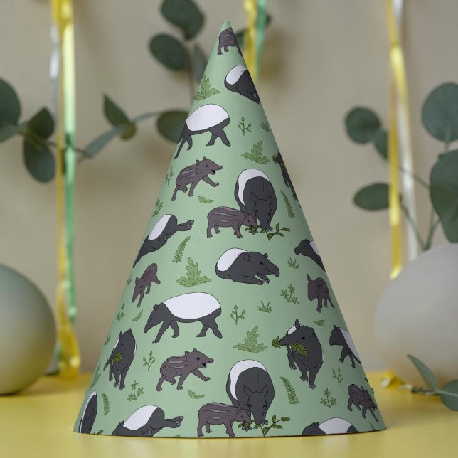 Malayan Tapir Green Jungle Zoo Animal Party Hat (Quirky hand-drawn green tapir pattern birthday party hat for a wild animal or zoo theme event.)