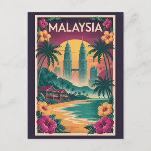 Malaysia Landscape Illustration Travel Art Vintage Postcard