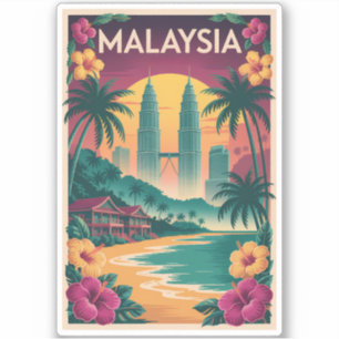 Malaysia Landscape Illustration Travel Art Vintage Sticker