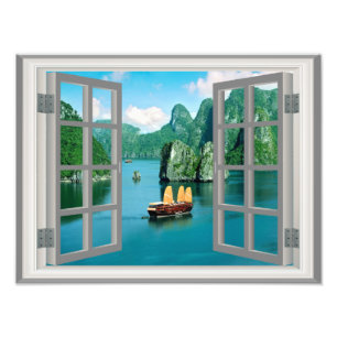 Malaysia Sailboat Ocean Mountains Faux Window Photo Print
