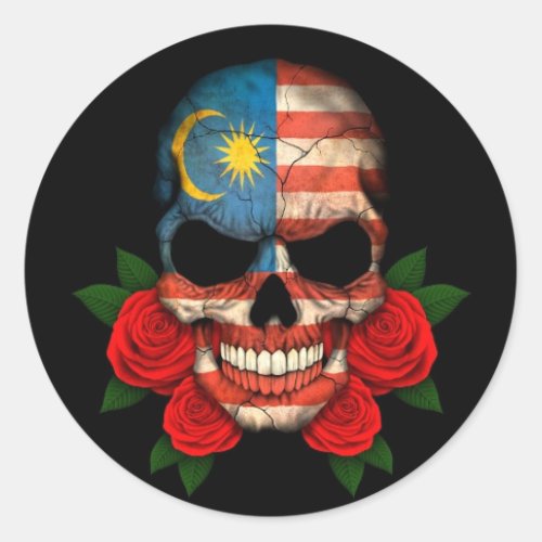 Malaysian Flag Skull with Red Roses Classic Round Sticker