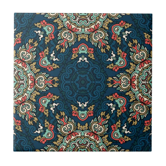 Malaysian Mosaic  Blue Red Beige Abstract  |  Ceramic Tile (Front)
