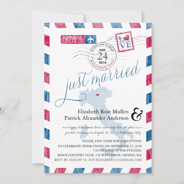 Malcesine Italy Airmail Post Wedding Reception Invitation (Front)