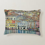 Malcesine on Lake Garda By Gustav Klimt Accent Pillow<br><div class="desc">Malcesine on Lake Garda (1913) by Gustav Klimt is a vintage Victorian Era Art Nouveau fine art symbolism painting. A beautiful view of the Italian city of Malcesine with buildings and houses on the edge of the harbor. The homes and boats cast a reflection in the calm water. You can...</div>