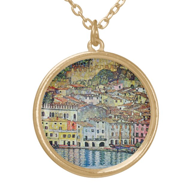 Malcesine on Lake Garda By Gustav Klimt Gold Plated Necklace (Front)