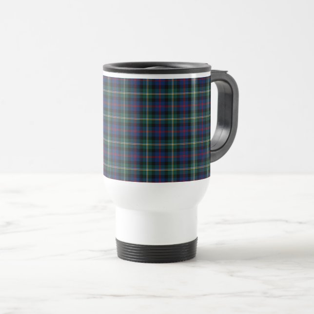 Malcolm Clan Dark Blue and Green Tartan Travel Mug (Front Right)