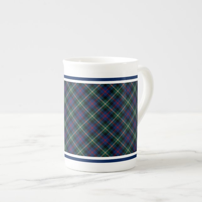 Malcolm Family Tartan Dark Blue and Green Plaid Bone China Mug (Front Right)