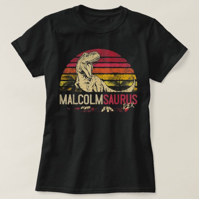 Malcolm Saurus Funny Personalized Dinosaur T Rex N T-Shirt (Design Front)