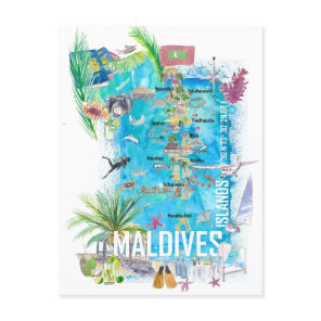 Maldives Islands Illustrated Travel Map  Postcard