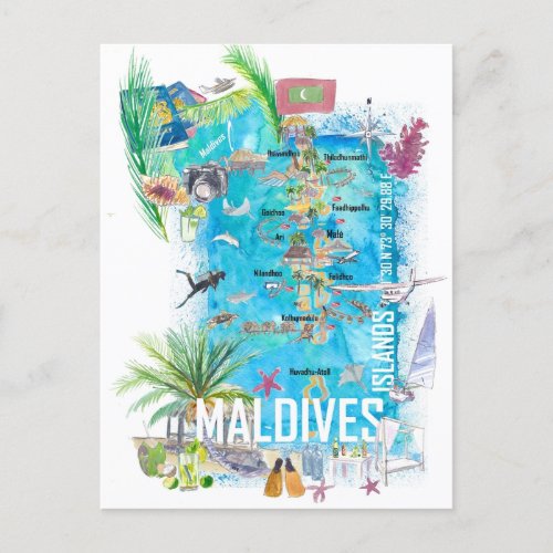 Maldives Islands Illustrated Travel Map  Postcard