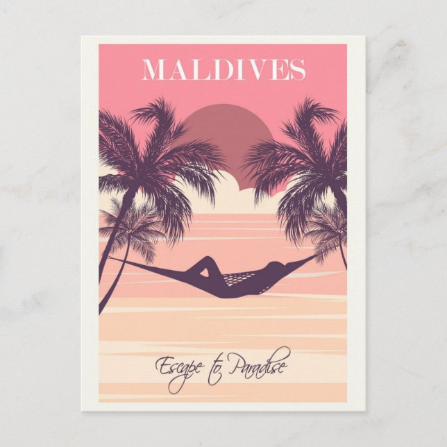 Maldives Pink Vintage Beach Travel Postcard (Front)