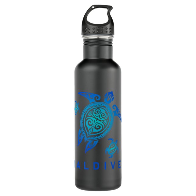 Maldives  Sea Blue Tribal Turtle Stainless Steel Water Bottle (Front)