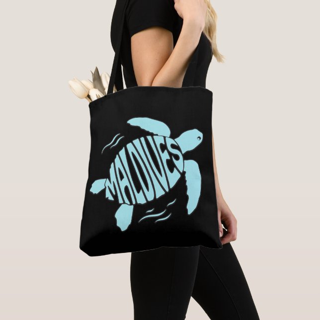 Maldives Sea Turtle - Tropical Blue Typography Tote Bag (Close Up)