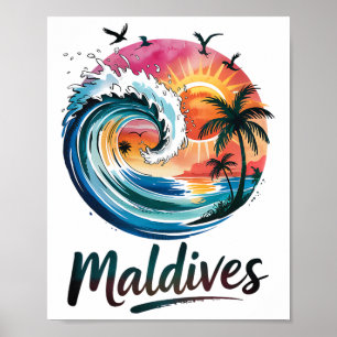 Maldives Tropical Sunset And Surf Design For Beach Poster