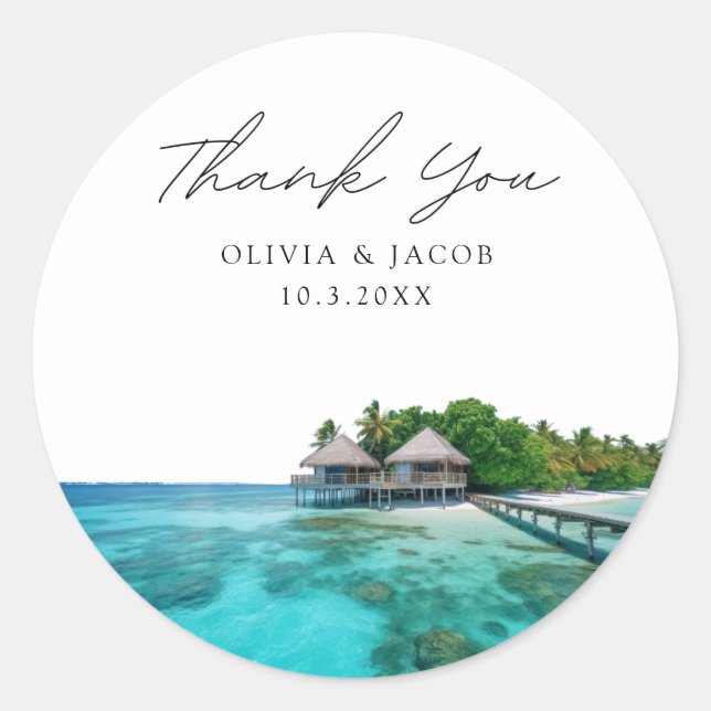 Maldives Wedding Favor Photo Thank You Classic Round Sticker (Front)