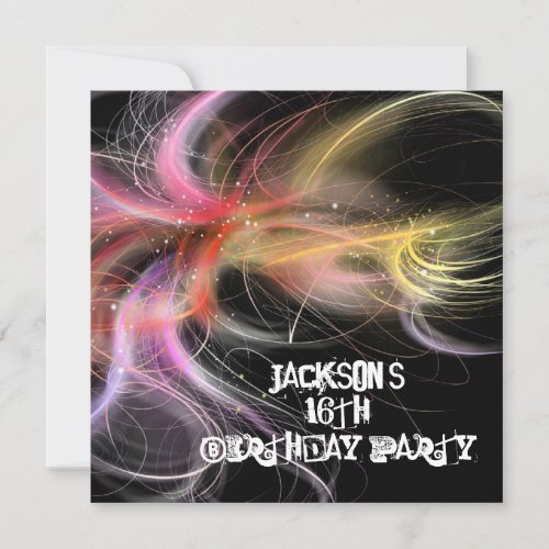 Male 16th Birthday Black Multi Colour Space Swirl Invitation