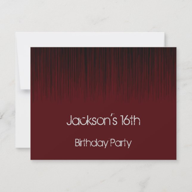 Male 16th Birthday Party Black & Dark Red Grunge Invitation (Front)