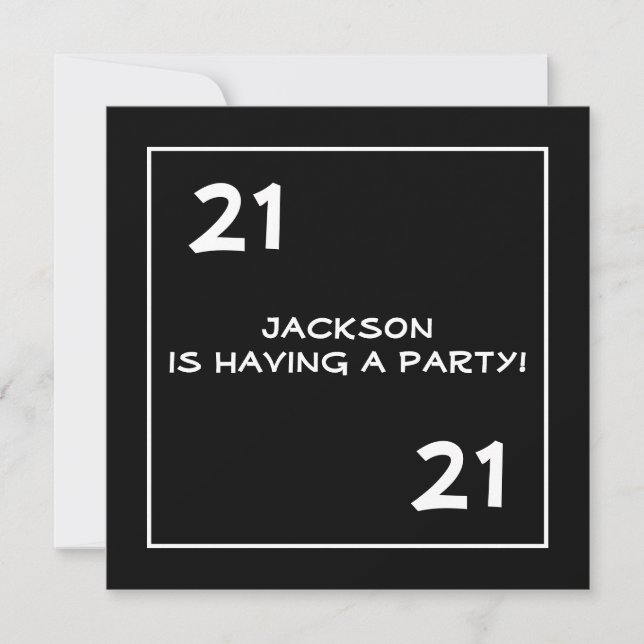 Male 21st Birthday Party Simple Black & White Invitation (Front)