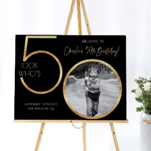 Male 50th Birthday Welcome Sign, Black and Gold We Foam Board