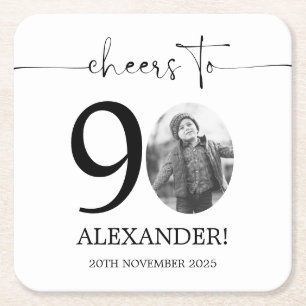 Male 90th Birthday Photo Square Paper Coaster