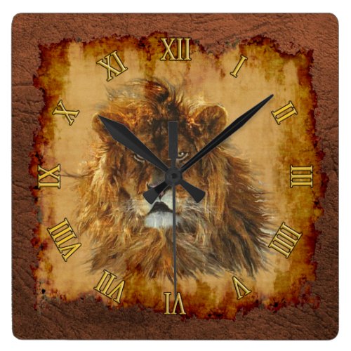 Male African Lion Big Cat & Faux Leather II Square Wall Clock
