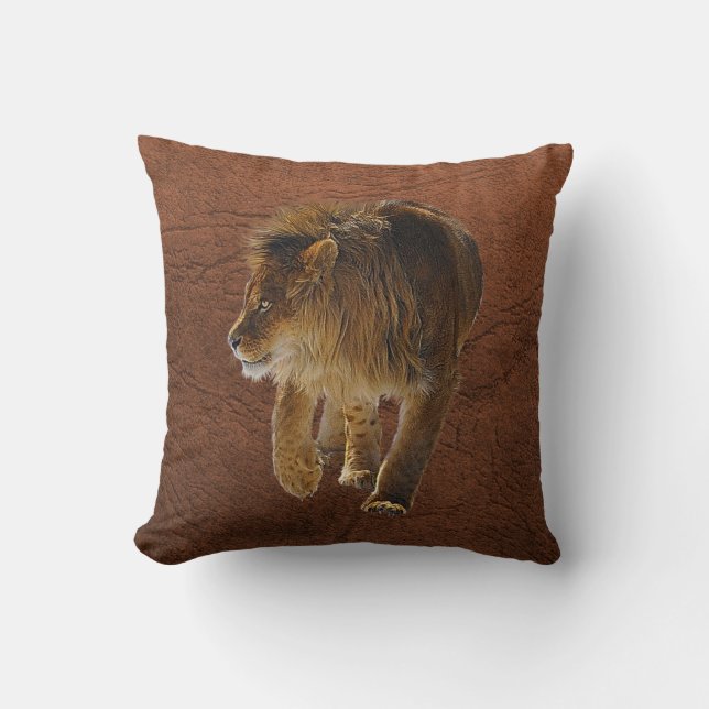 Male African Lion Big Cat & Faux Leather Throw Pillow (Front)