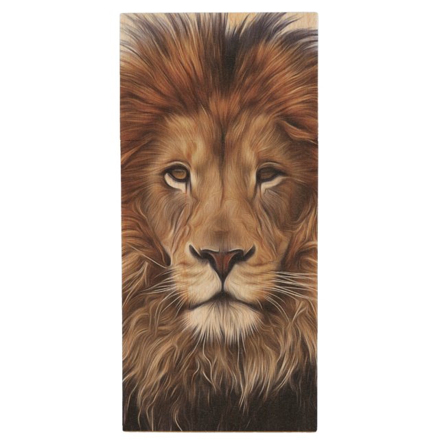Male African Lion face Wood Flash Drive (Front Vertical)