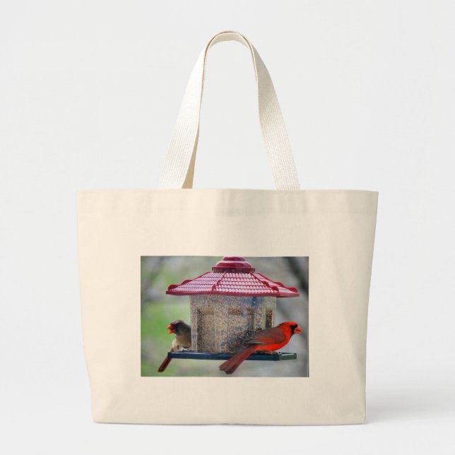 Male and Female Cardinal Eating a Snack Large Tote Bag (Front)