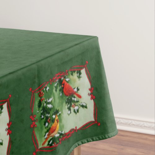 Male and Female Cardinals Green Tablecloth